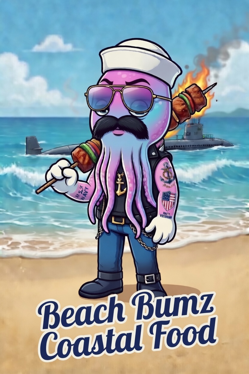 Beach Bumz mascot character with burger and sunglasses